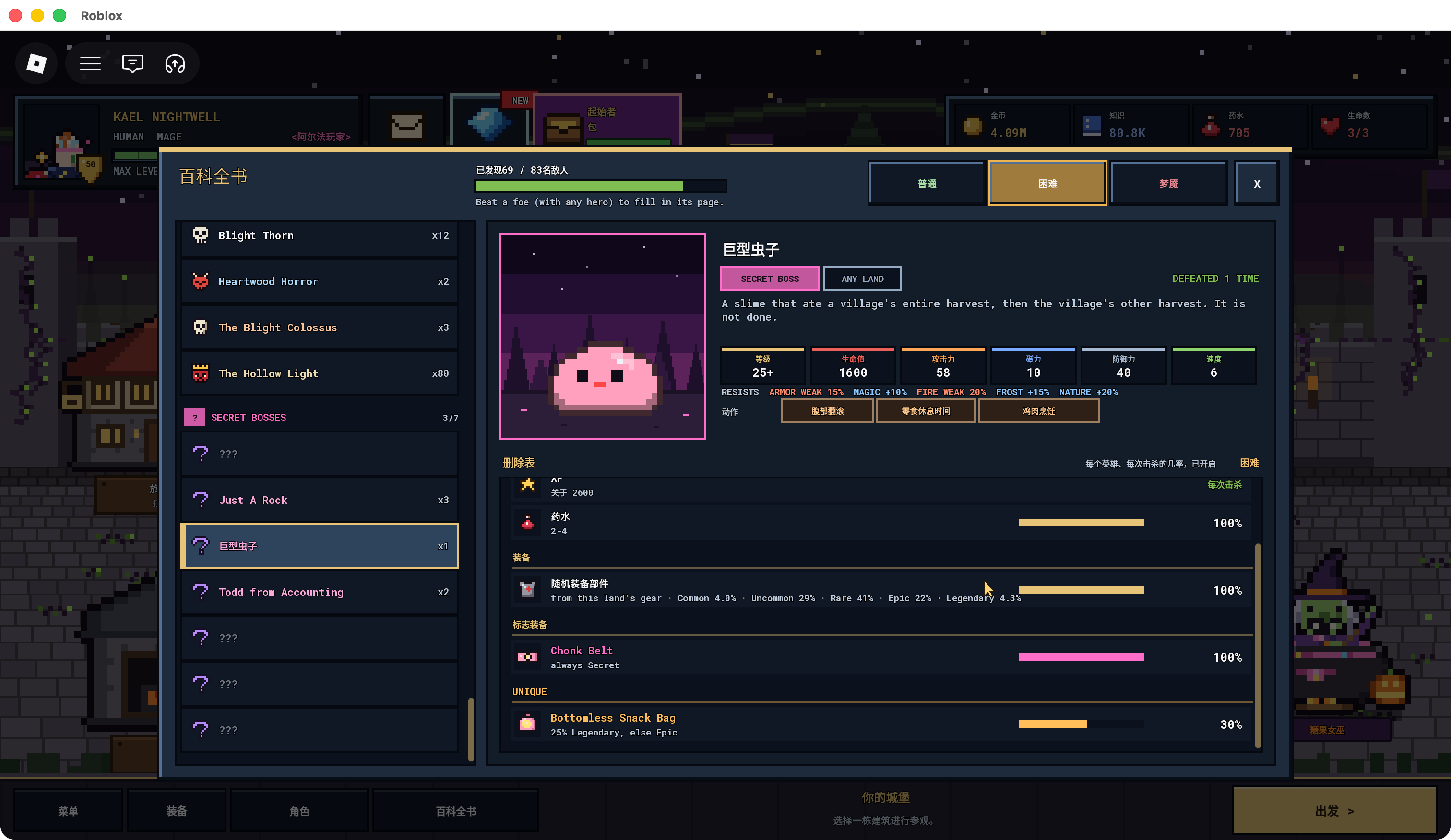 Pixel Lineage Chonk Any Land Secret Boss Bestiary with Hard selected; upper of the drop list is visible. Original screenshot opens on click.