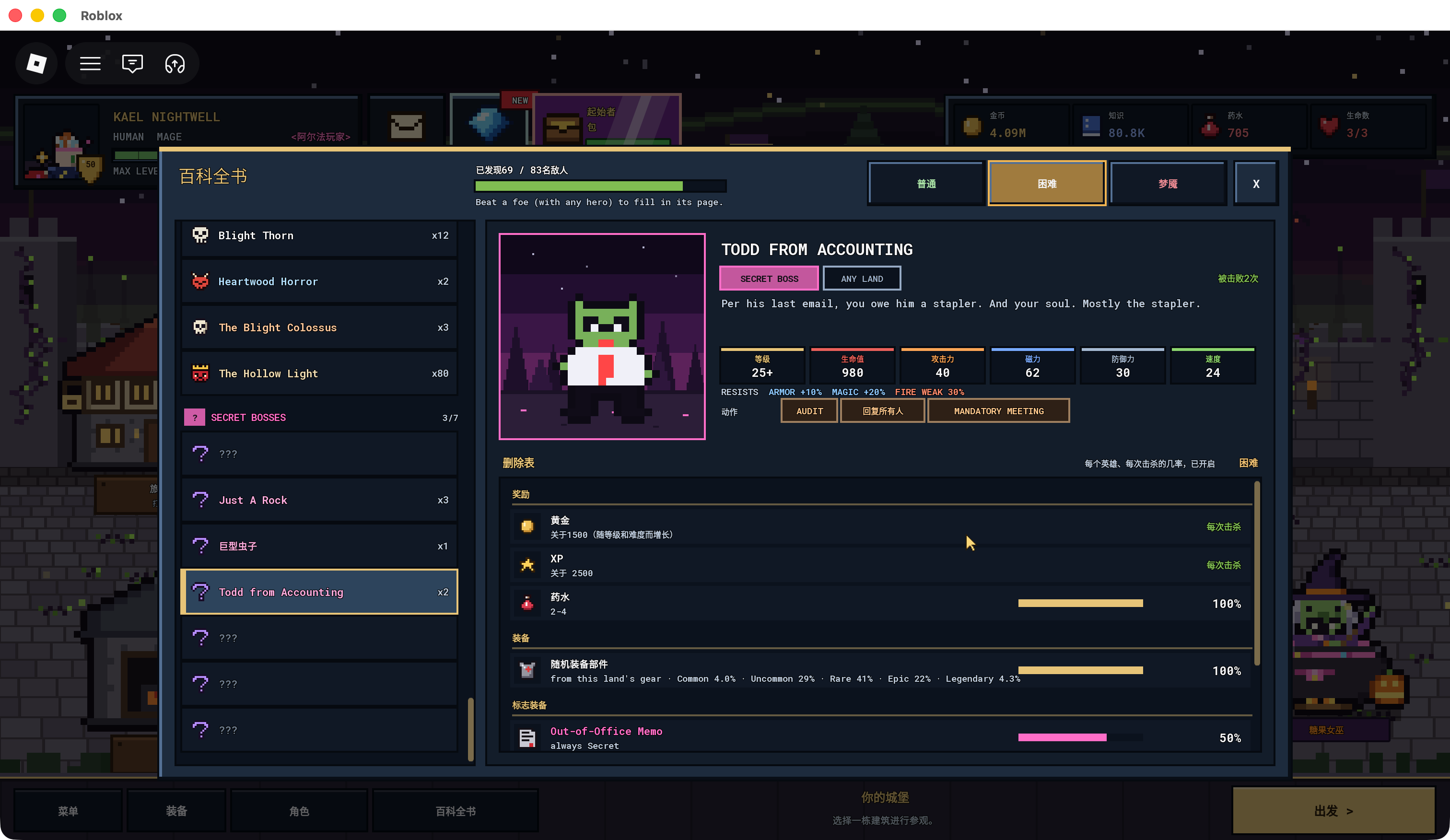 Pixel Lineage Todd from Accounting Any Land Secret Boss Bestiary with Hard selected; lower of the drop list is visible. Original screenshot opens on click.