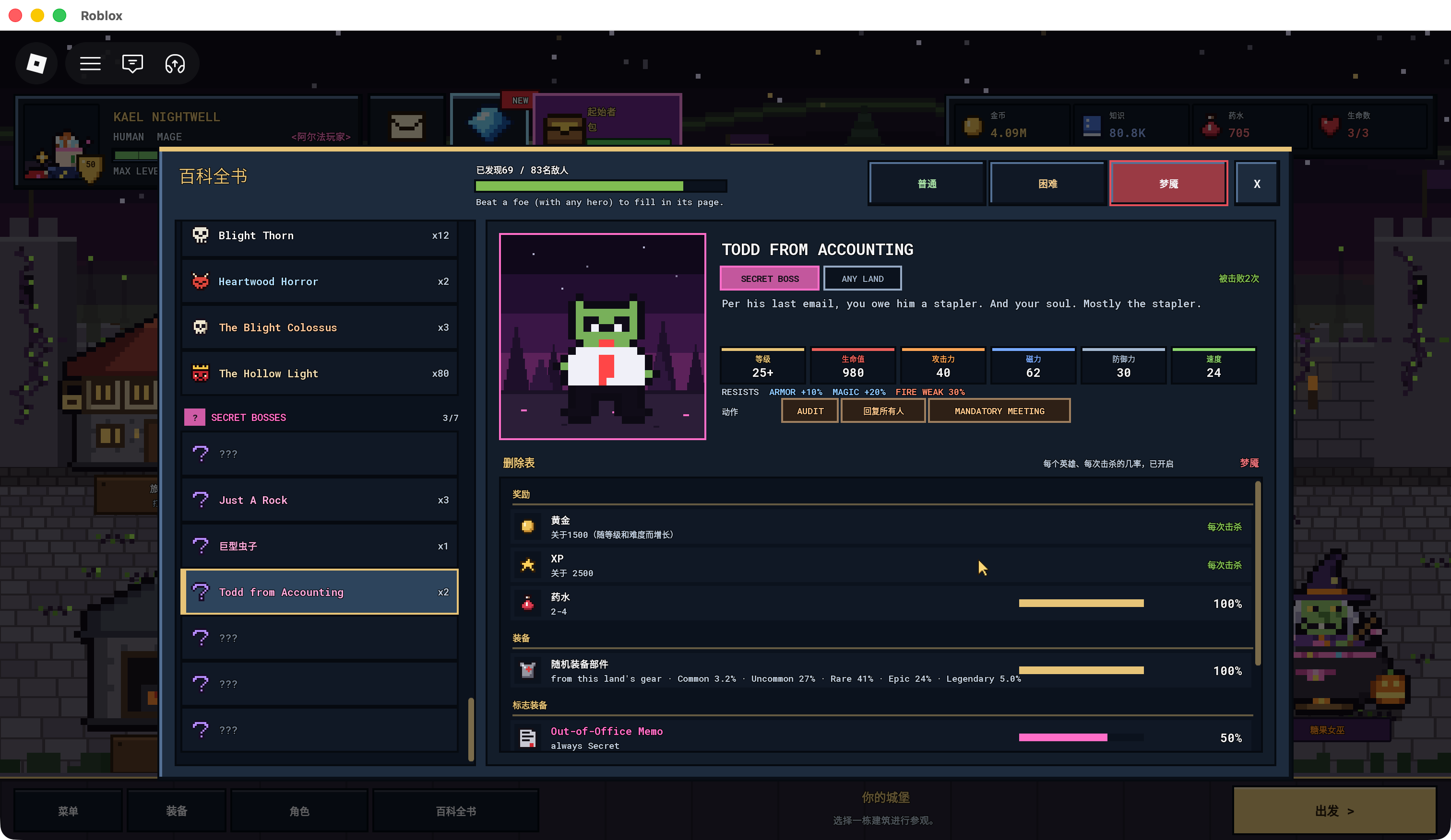 Pixel Lineage Todd from Accounting Any Land Secret Boss Bestiary with Nightmare selected; lower of the drop list is visible. Original screenshot opens on click.